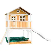 Axi Spielhaus Marc mit Sandkasten & weißer Rutsche | Stelzenhaus in Braun & Weiß aus FSC Holz für Kinder | Spielturm mit Wellenrutsche für den Garten