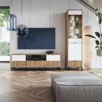 Lomadox Wohnwand Eiche mit weiß und Rillen Design modern Lamellenoptik RISBY-129 2-teilig mit Couchtisch