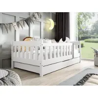 MTJ MTJMöbel Kinderbett POLA 160x80cm mit Matratze, Hausbett mit Schublade und Schutzbarriere, Weiß Holz