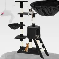 Markenlos Kratzbaum für Katzen - Mittelgroß Mit Sisalstangen, Höhle und Treppe - Katzenhaus 144 cm Hoch - Kletterbaum und Spielbaum - Schwarz