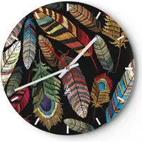 ARTTOR Wanduhr - Rund - Glasuhr - Federn Bunt Stickerei - 30x30cm - Schleichendes Uhrwerk - Lautlos - zum Aufhängen bereit - Dekoration Modern - Wanddekoration aus Glas - C3AR30x30-4464