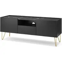 Bettso Harmony TV Schrank Graphit Schwarz mit Goldbeinen 2 Schränke 1 Schublade Push-to-Open 144x55x37 cm Marmordekor