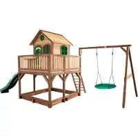 Axi Spielhaus Liam mit Sandkasten, Nestschaukel & grüner Rutsche | Stelzenhaus XXL in Braun & Grün aus FSC Holz für Kinder | Spielturm mit Wellenrutsche für den Garten