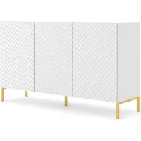 Homlando Kommode SURF 3D 150 cm WEIß MATT Sideboard 3 Türen mit gefräster fronten MDF Highboard Schrank Büfett BEINE GOLDEN