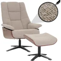 MCA Relaxsessel + Hocker MCW-N57, Fernsehsessel Liegesessel, Bouclé Stoff Holz braun