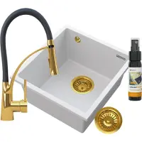 Granitan - Unterbauspüle - Granitspüle - 45 cm - Weiß - mit Ablaufgarnitur Gold & Zubehör - Küchenspüle