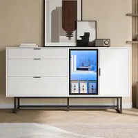MODFU Sideboard aus MDF und Spanplatte, Weiß, 160x36x78 cm, mit LED-Beleuchtung und Glastür