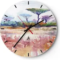 ARTTOR Wanduhr - Rund - Glasuhr - Aquarell Savanne Bäume - 40x40cm - Schleichendes Uhrwerk - Lautlos - zum Aufhängen bereit - Dekoration Modern - Wanddekoration aus Glas - C3AR40x40-4484