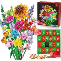 Homelody Weihnachts-Adventskalender 2025 mit Blumenstrauß-Bausteinen - Künstlicher Sonnenblumen-Pflanzenstrauß zum Selbstbasteln für Erwachsene