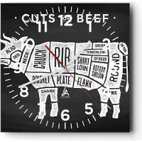 ARTTOR Wanduhr - Quadrat - Glasuhr - Kuh Rindfleisch Kochen Grafik - 40x40cm - Schleichendes Uhrwerk - Lautlos - zum Aufhängen bereit - Dekoration Modern - Wanddekoration aus Glas - C4AC40x40-3156