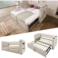 MODFU Schlafsofa 90x200 Tagesbett mit Ausziehbett und Getränkehalter,EDaybett mit USB&Type-C Ladeanschluss und Stauruam,inzelbett aus Leinen,Beige(mit Matratze)