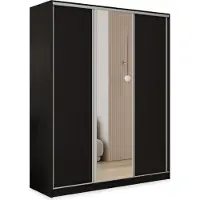 Masseno Schiebetürenschrank TARI 160/205/58 cm Kleiderschrank mit 4 Schubladen Schlafzimmer Schrank 3-türig mit Spiegel Schwarz