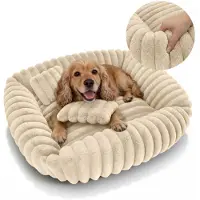 Domarex Dogguru Tola Hundebett 80x70 cm Hundesofa mit Kissen Rabbit Fur Plüsch Anti-Rutsch Waschbar Für Mittelgroße Hunde & Große Katzen, Beige
