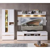 Lomadox Wohnwand in weiß supermatt und Eiche mit Vitrine, Wandboard, Lowboard & LED-Beleuchtung, 3-teilig - MANRESA-36