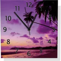 Wallario Design Wanduhr Sonnenuntergang unter Palmen Himmel in lila und orange aus Aluverbund, Größe 30 x 30 cm