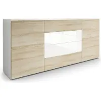Vladon Sideboard Rova, Germany, Kommode mit 4 Türen und 4 Schubladen, Weiß matt/Eiche sägerau/Weiß Hochglanz (166 x 72 x 35 cm)