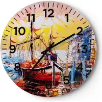 ARTTOR Wanduhr - Rund - Glasuhr - Boot Segel Meer - 30x30cm - Schleichendes Uhrwerk - Lautlos - zum Aufhängen bereit - Dekoration Modern - Wanddekoration aus Glas - C4AR30x30-3435