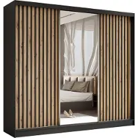 Masseno Schiebetürenschrank LAMELLO 240 cm Kleiderschrank Schlafzimmer Schrank 3-türig mit Spiegel und Lamellen Schwarz