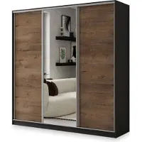 Masseno Schiebetürenschrank SORE 200/205/58 cm Kleiderschrank mit 4 Schubladen Schlafzimmer Schrank 3-türig mit Spiegel Schwarz / Eiche Lefkas