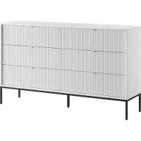 Masseno Kommode STELLARE 154 cm Sideboard mit 6 Schubladen für Wohnzimmer Schlafzimmer Modern 154x39x91 cm Weiß / Weiß