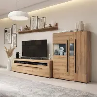 Lomadox Wohnwand 3-teilig in Eiche mit 160 cm Lowboard, Wandboard & Highboard inkl. Beleuchtung - TURDA-83