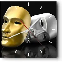 ARTTOR Wanduhr - Quadrat - Glasuhr - Maske Theater Bühne Schauspieler - 30x30cm - Schleichendes Uhrwerk - Lautlos - zum Aufhängen bereit - Dekoration Modern - Wanddekoration aus Glas - C3AC30x30-2432