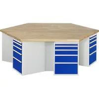 RAU Gruppenarbeitsplätze, Gruppenwerkbank, Bucheplatte 50 mm, Höhe 850 mm, ohne Energieaufsatz, inkl. Unterbau-Container, 5 Schubladen
