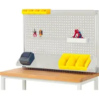 RAU Arbeitstisch-Systemaufbau Komplettset, für Systembreite 1250 mm, Lochplatte, neigbare Metallablage, Traglast 50 kg, lichtgrau