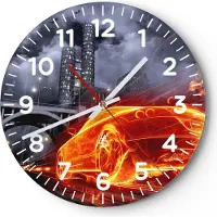 ARTTOR Wanduhr - Rund - Glasuhr - Auto Flammen Räder - 30x30cm - Schleichendes Uhrwerk - Lautlos - zum Aufhängen bereit - Dekoration Modern - Wanddekoration aus Glas - C4AR30x30-0209