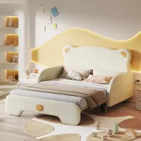 MODFU Kinderbett Polsterbett 140x105/140x200cm, Schlafsofa Daybett für Teenager,Ausziehbett in Bärenkopfform mit lattenrost, Samt Beige(Ohne Matratze)