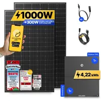 Solakon 1000W Balkonkraftwerk mit Speicher + Erweiterung ONE (4,22 kWh) Solaranlage Steckerfertig WIFI Komplettset Photovoltaik Anlage, Kabel: 10m