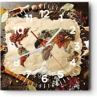 ARTTOR Wanduhr - Quadrat - Glasuhr - Welt Karte Gewürze Farben - 30x30cm - Schleichendes Uhrwerk - Lautlos - zum Aufhängen bereit - Dekoration Modern - Wanddekoration aus Glas - C4AC30x30-2832