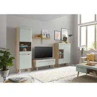 Lomadox Wohnzimmer Set in Grün Matt mit Eiche STOCKTON-61, 5-teilig inkl. Couchtisch und Beleuchtung