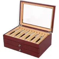 GreatDEshop2021 3 Schichten Stifthalterbox Stifte Sammelbox mit Anzeigefenster Füllfederhalter Pen Organizer Box Drei Ebene Vitrine Stiftetui Holzvitrine Penbox für 34 Stifte Rot