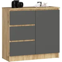 Akord Kommode JERRY Eiche Artisan 80 cm Tür 3 Schubladen 2 Ebenen Front Graphitgrau B80 x H77 x T35 cm