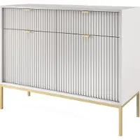 Bettso Geriffelt Kommode 2 Türen und 2 Schubladen Goldgriffe Glamour NOVA Grau auf Goldbeinen