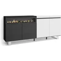 Skraut Home Sideboard, Highboard, 200x35x87cm, 4 Türen, Elektrokamin. Industriedesign, Weiß und Schwarz