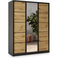 Masseno Schiebetürenschrank NATA 160/205/58 cm Kleiderschrank mit 4 Schubladen Schlafzimmer Schrank 3-türig mit Spiegel Schwarz / Eiche Artisan