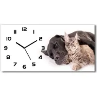 Tulup Wanduhr aus Glas – 60x30 cm - Glasbild - Glasuhr - Gehärtetes Glas - schwarze-zeiger - Hund mit einer Katze