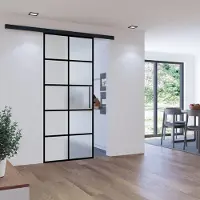 Inova Loft Glasschiebetür 102,5 x 220 cm, satiniert 10 Felder schwarz, Komplettset mit Stabgriff und beidseitigem Softclose