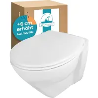 Calmwaters Erhöhtes Wand WC spülrandlos Modern Plus mit Toilettendeckel, +6 cm Erhöhung, erhöhte Toilette inkl. abnehmbarem WC Sitz mit Absenkautomatik und Fast-Fix, Komfort Tiefspüler, Weiß