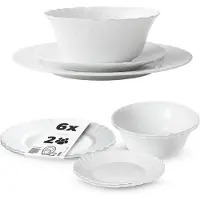 Kadax Geschirrservice 6-teilig, Geschirrset für 2 Personen, Tafelservice mit Müslischale, Dessertteller & Speiseteller, Tellerset aus Opalglas, Geschirr Set (Weiß)
