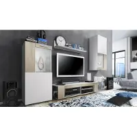 Vladon Wohnwand Movie, Anbauwand bestehend aus 1 TV-Board, 2 Vitrinen und 1 Regal, Weiß matt/Weiß matt/Eiche Sägegrau (Gesamt: 300 x 190 x 39 cm)