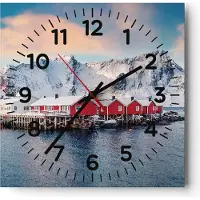 ARTTOR Wanduhr - Quadrat - Glasuhr - Lofoten Dorf Angeln - 40x40cm - Schleichendes Uhrwerk - Lautlos - zum Aufhängen bereit - Dekoration Modern - Wanddekoration aus Glas - C4AC40x40-4762