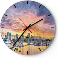 ARTTOR Wanduhr - Rund - Glasuhr - Boote städtisch Stadt Landschaft - 40x40cm - Schleichendes Uhrwerk - Lautlos - zum Aufhängen bereit - Dekoration Modern - Wanddekoration aus Glas - C3AR40x40-3108