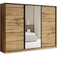Masseno Schiebetürenschrank TARI 270/205/58 cm Kleiderschrank mit 4 Schubladen Schlafzimmer Schrank 3-türig mit Spiegel Eiche Wotan