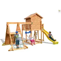 Fungoo Spielturm "My Side Spider+" teak mit Rutsche, Einzelschaukel, Leiter, Haus mit Holzdach und Kletterturm