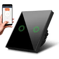 Macleans Smart WiFi 2-Fach Touch Lichtschalter Kompatibel mit Tuya APP Wandschalter Glas Schalter mit Farbwechsel LED Hintergrundbeleuchtung Einbauschalter 85x85mm (2-Fach Rund, Schwarz) …