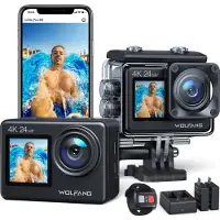 WOLFANG GA200 Action Cam, 4K 24MP Touch-Screen WiFi Action Kamera, Selfie Dual Screen, 40M Unterwasserkamera, EIS, Externes Doppelbatterieladegerät