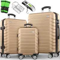 Tillvex Reisekoffer Set 3-TLG. + Gepäckwaage, 6X Koffergurte & 3X Kofferanhänger | Kofferset 4 Rollen | Trolley Gepäck Koffer TSA Schloss | Rollkoffer Hartschalenkofferset S-M-L-XL (Champagner)